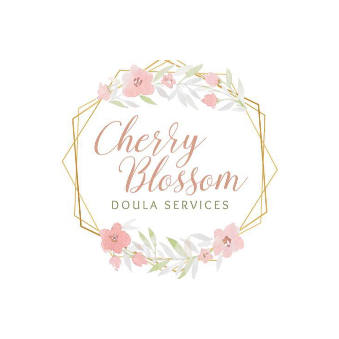 Logo that reads "Cherry Blossom" sub heading Doula Services, geometric gold shape surrounding text with flowers at the top and bottom.