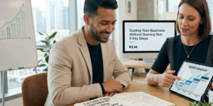 pictured is a business owner speaking with a business consultant to help them scale without burnout