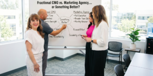 klm team standing around a whiteboard talking about fractional cmo vs marketing agency vs KLM